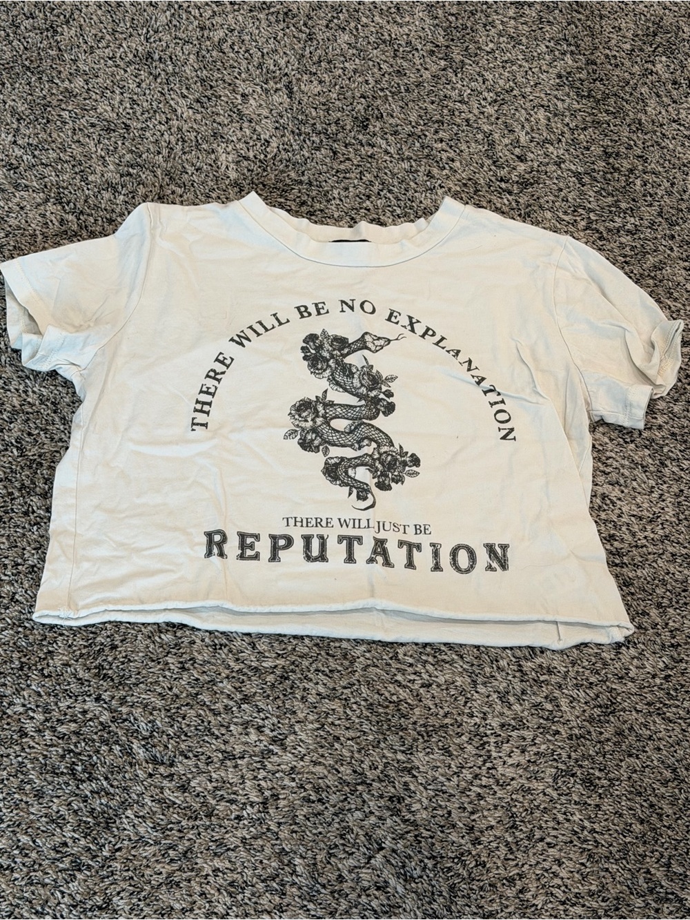 White Graphic Cropped Tee with 'Reputation' Text